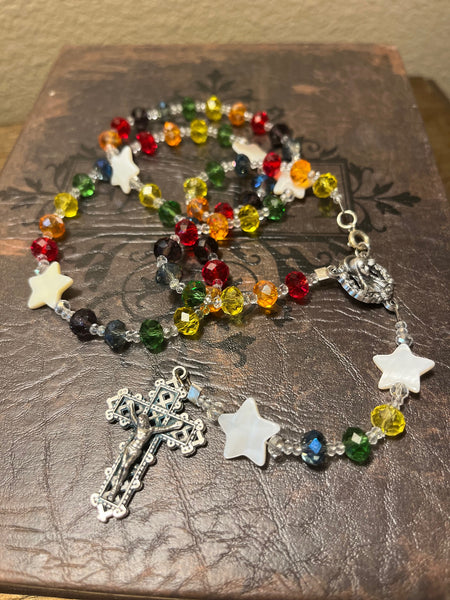 Rainbow Rosary Necklace - Metal Cross & Centerpiece