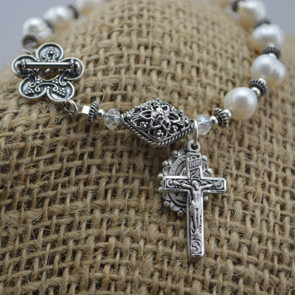 Sterling Silver Rosary Bracelet Swarovski Crystal Pearls White and Gold  Beads | MONDO CATTOLICO