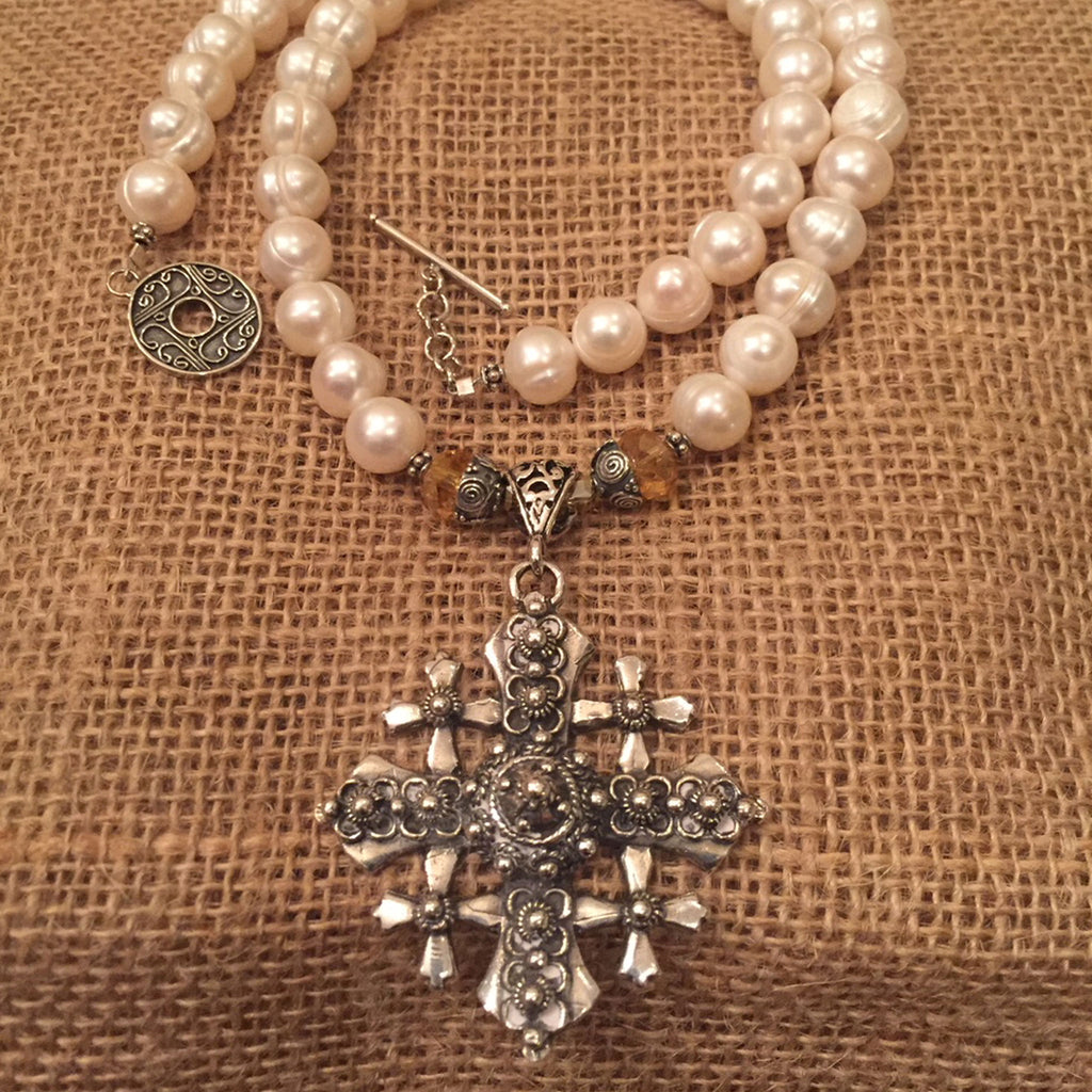 Elegant Freshwater Pearls and Jerusalem Cross Necklace - ONLY ONE AVAILABLE