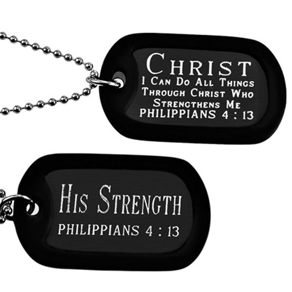 LIQUIDACIÓN - Collar con placa de identificación grabada de doble cara con la frase “Cristo, mi fortaleza” en Power Point